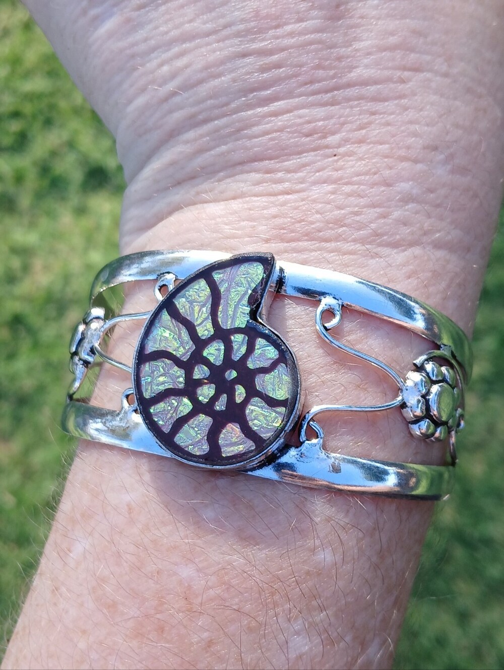 New Dichroic Glass Ammonite 925 Silver Cuff Bracelet.